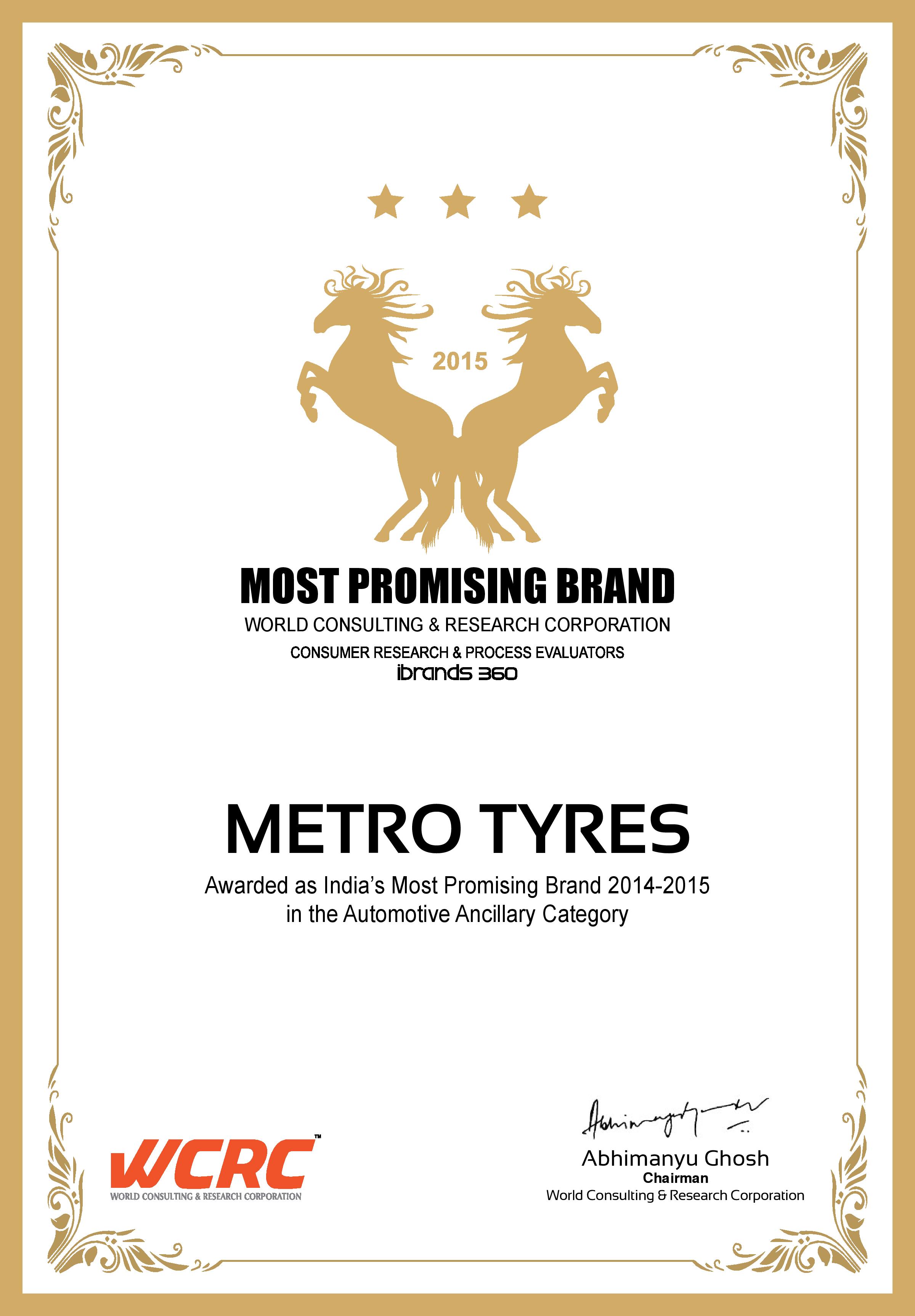 Metro Tyres Awarded as India's Most Promising Brand of 2014-15 by WCRC